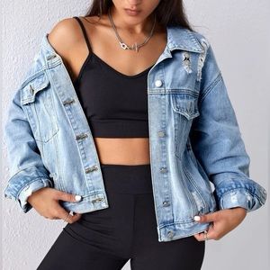 NEW. Light Wash Denim Distressed Jean Jacket